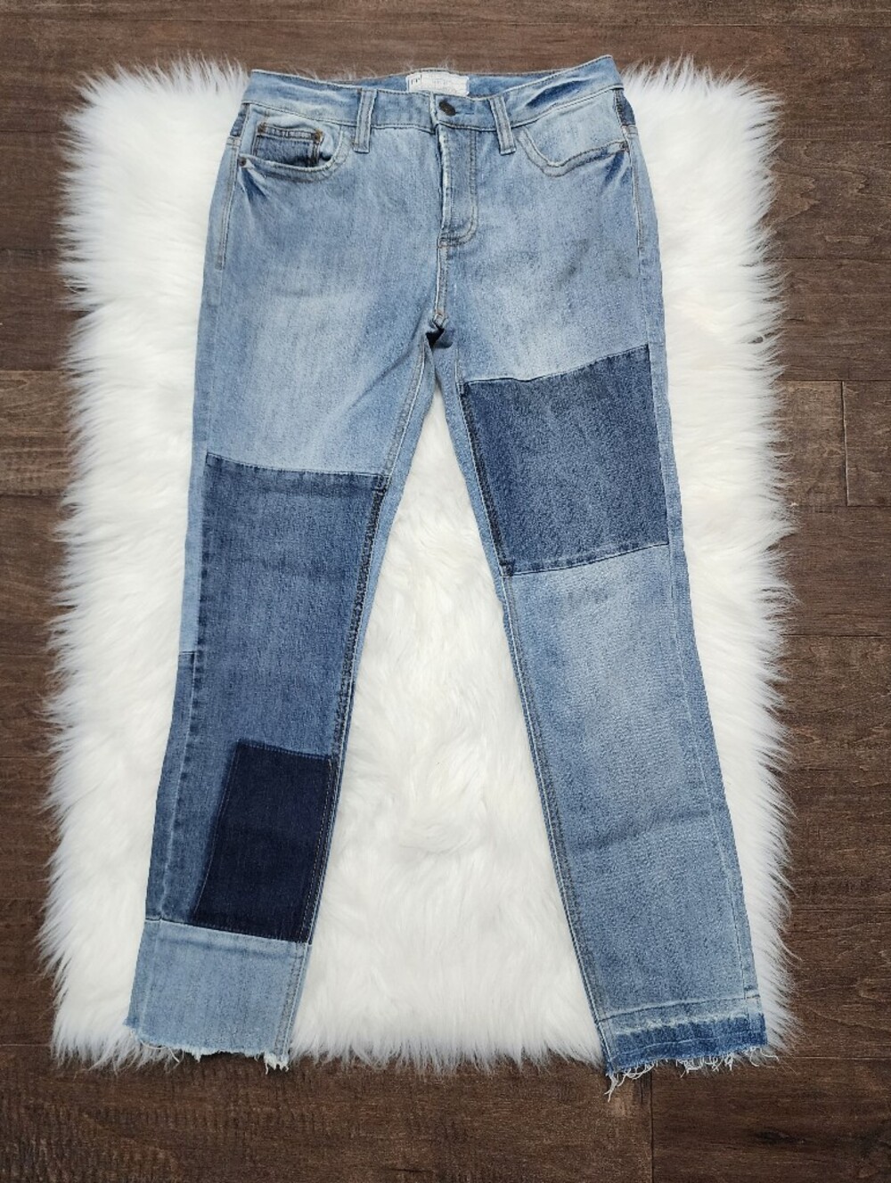 Free People FP Patchwork Denim Jeans Size 27 Light Dark Wash Raw Hem High Rise